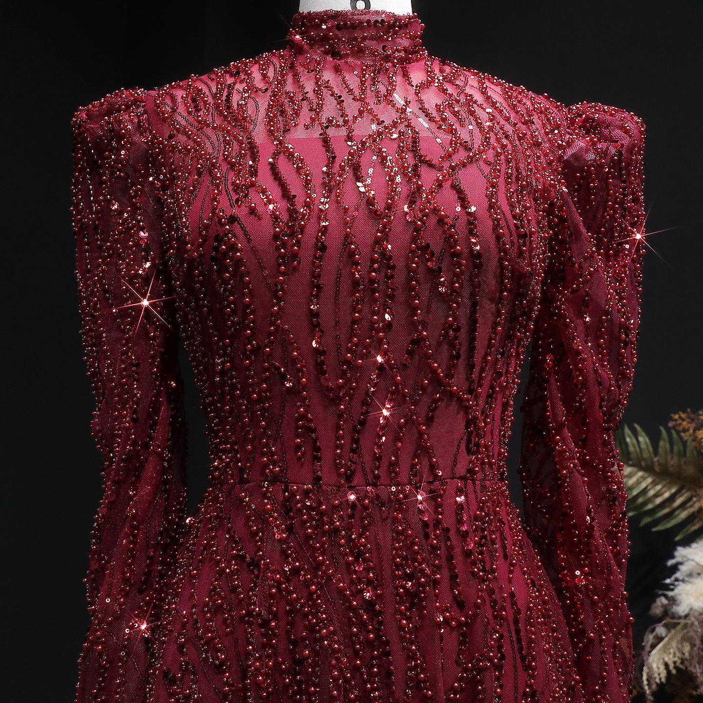 Luxury Wine Red Sequin Long Sleeve Evening Dress SS618