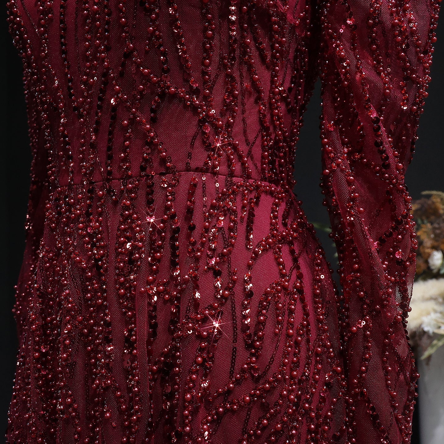 Luxury Wine Red Sequin Long Sleeve Evening Dress SS618