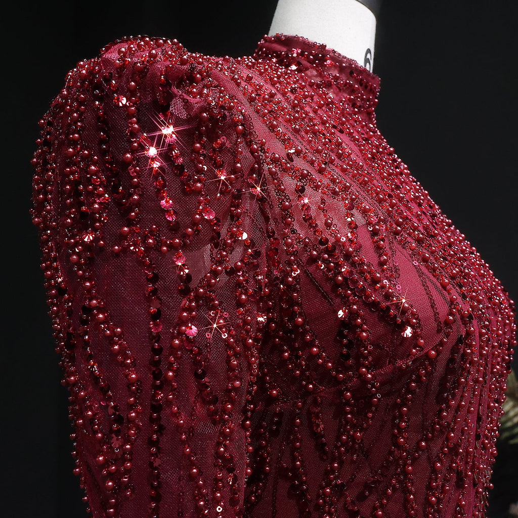 Luxury Wine Red Sequin Long Sleeve Evening Dress SS618