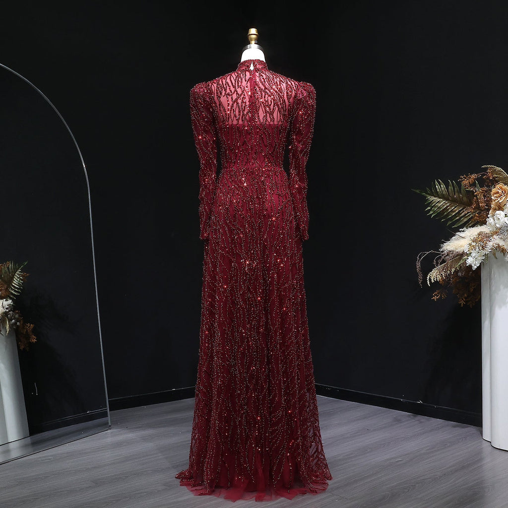 Luxury Wine Red Sequin Long Sleeve Evening Dress SS618