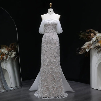 Elegant Ivory Sequin Off Shoulder Embroidered Evening Dress SS622