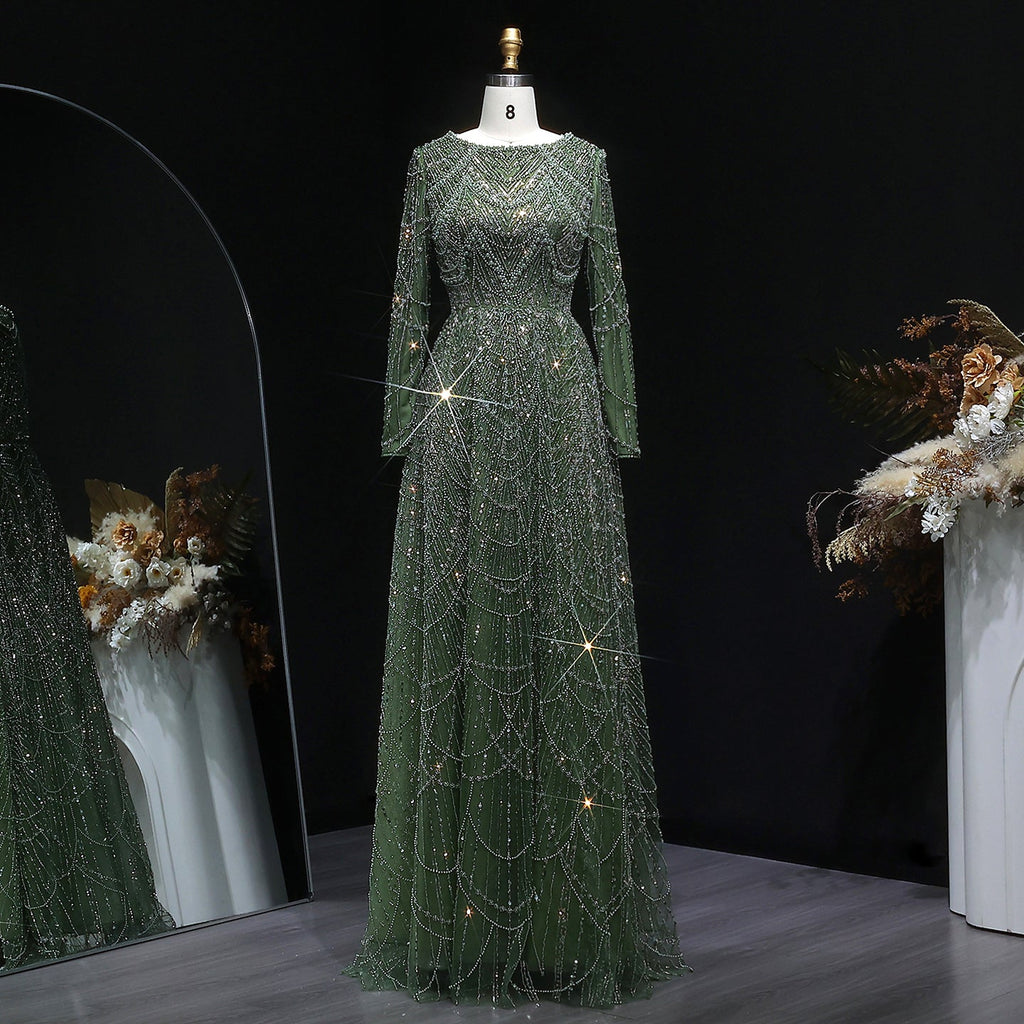 Elegant Green Sequin Beaded Shiny Long Sleeve Evening Dress SS625