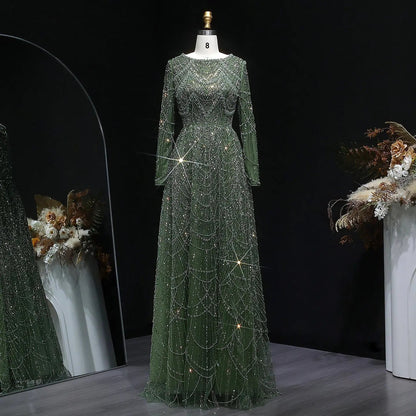 Luxury Green Sequin Beaded Shiny Long Sleeve Evening Dress SS625
