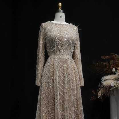 Luxury Green Sequin Beaded Shiny Long Sleeve Evening Dress SS625