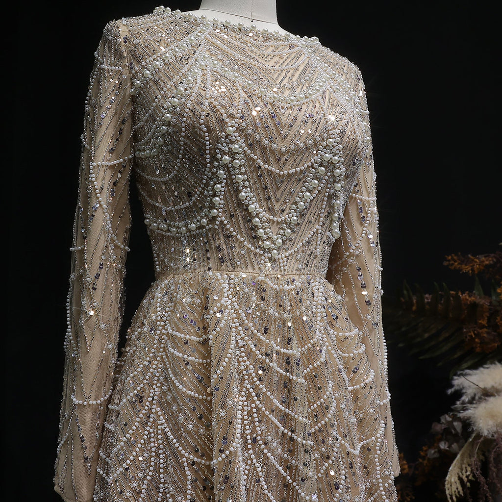 Elegant Green Sequin Beaded Shiny Long Sleeve Evening Dress SS625