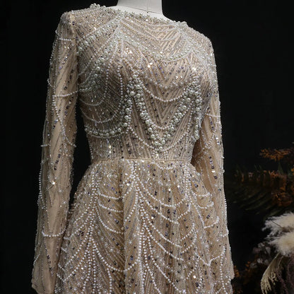 Luxury Green Sequin Beaded Shiny Long Sleeve Evening Dress SS625