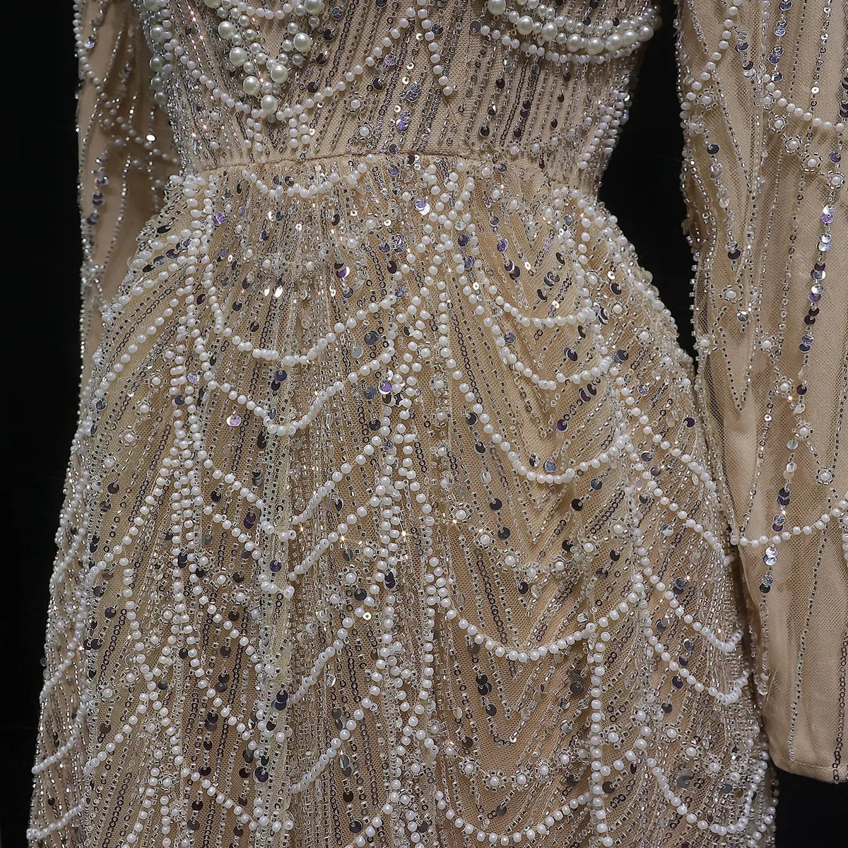 Luxury Green Sequin Beaded Shiny Long Sleeve Evening Dress SS625