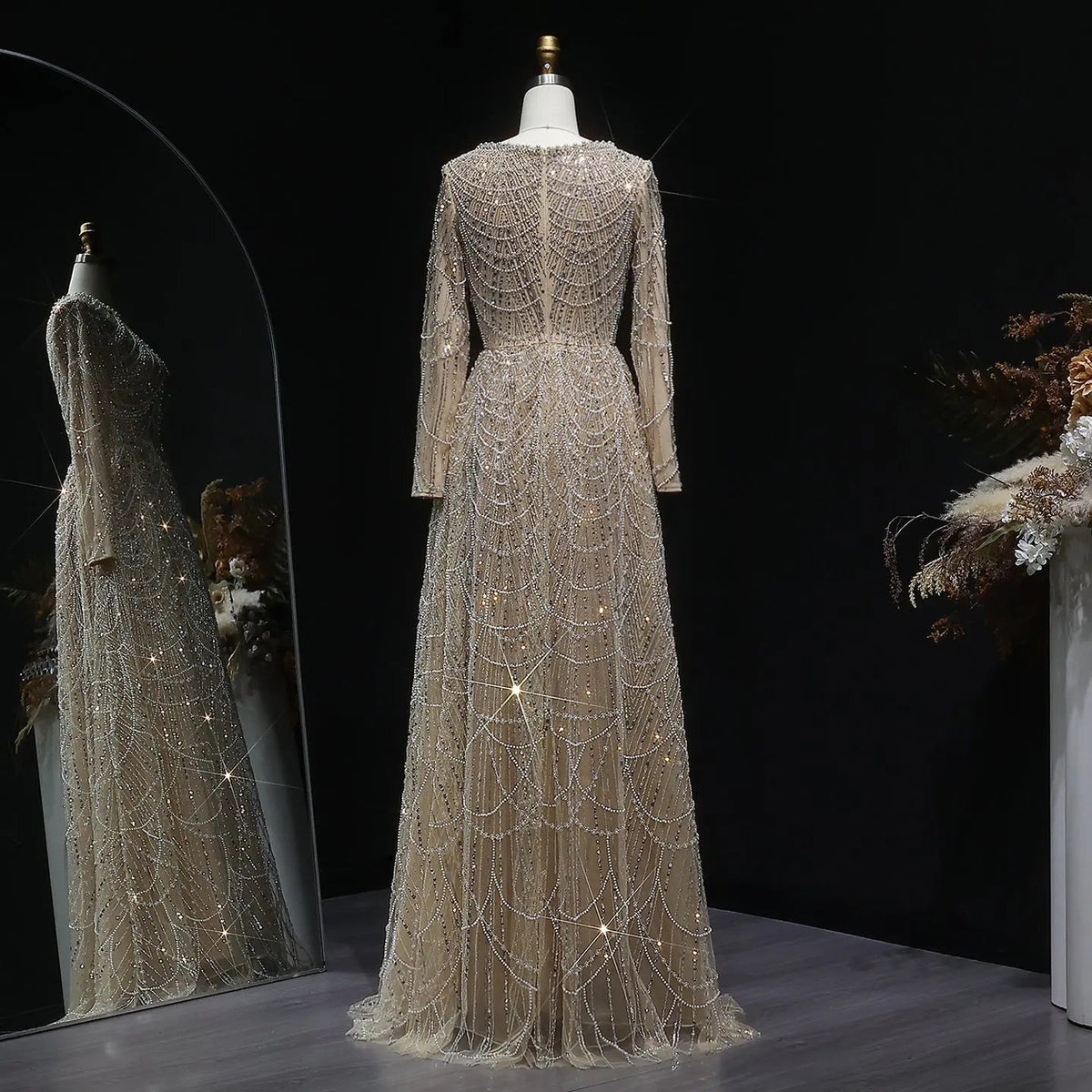 Luxury Green Sequin Beaded Shiny Long Sleeve Evening Dress SS625