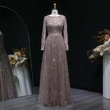 Luxury Green Sequin Beaded Shiny Long Sleeve Evening Dress SS625