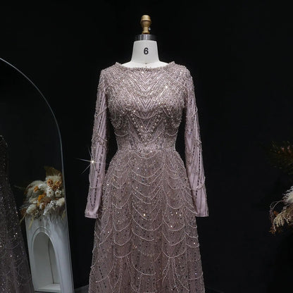 Luxury Green Sequin Beaded Shiny Long Sleeve Evening Dress SS625