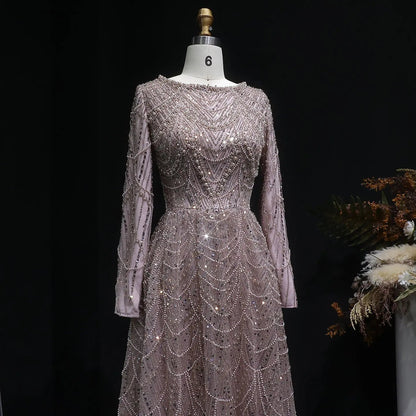 Luxury Green Sequin Beaded Shiny Long Sleeve Evening Dress SS625