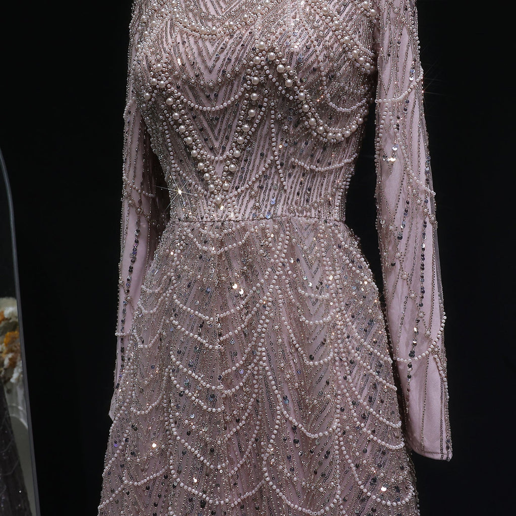 Elegant Green Sequin Beaded Shiny Long Sleeve Evening Dress SS625