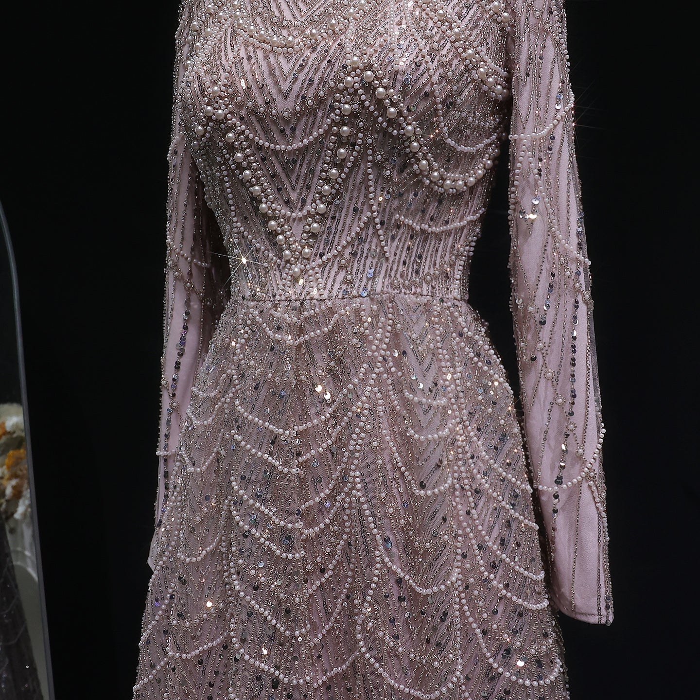 Elegant Green Sequin Beaded Shiny Long Sleeve Evening Dress SS625
