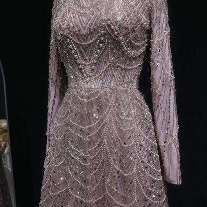 Luxury Green Sequin Beaded Shiny Long Sleeve Evening Dress SS625