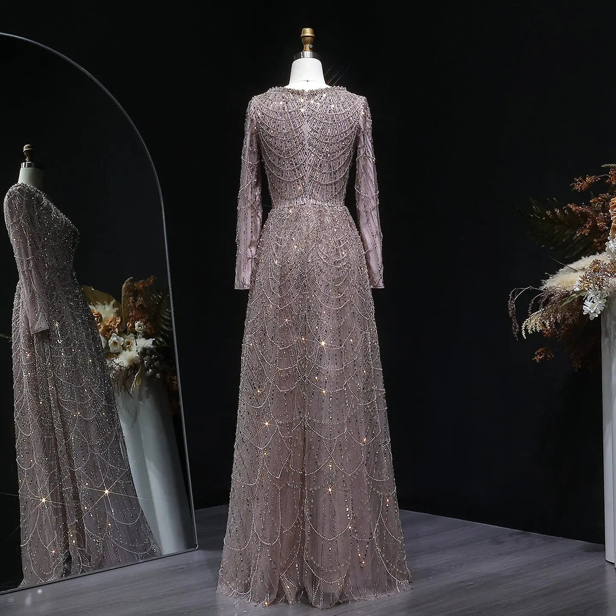 Luxury Green Sequin Beaded Shiny Long Sleeve Evening Dress SS625