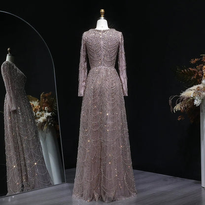 Luxury Green Sequin Beaded Shiny Long Sleeve Evening Dress SS625