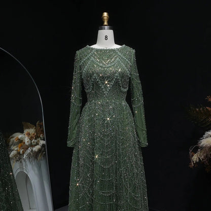 Luxury Green Sequin Beaded Shiny Long Sleeve Evening Dress SS625