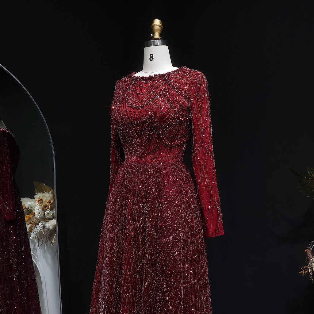 Elegant Green Sequin Beaded Shiny Long Sleeve Evening Dress SS625