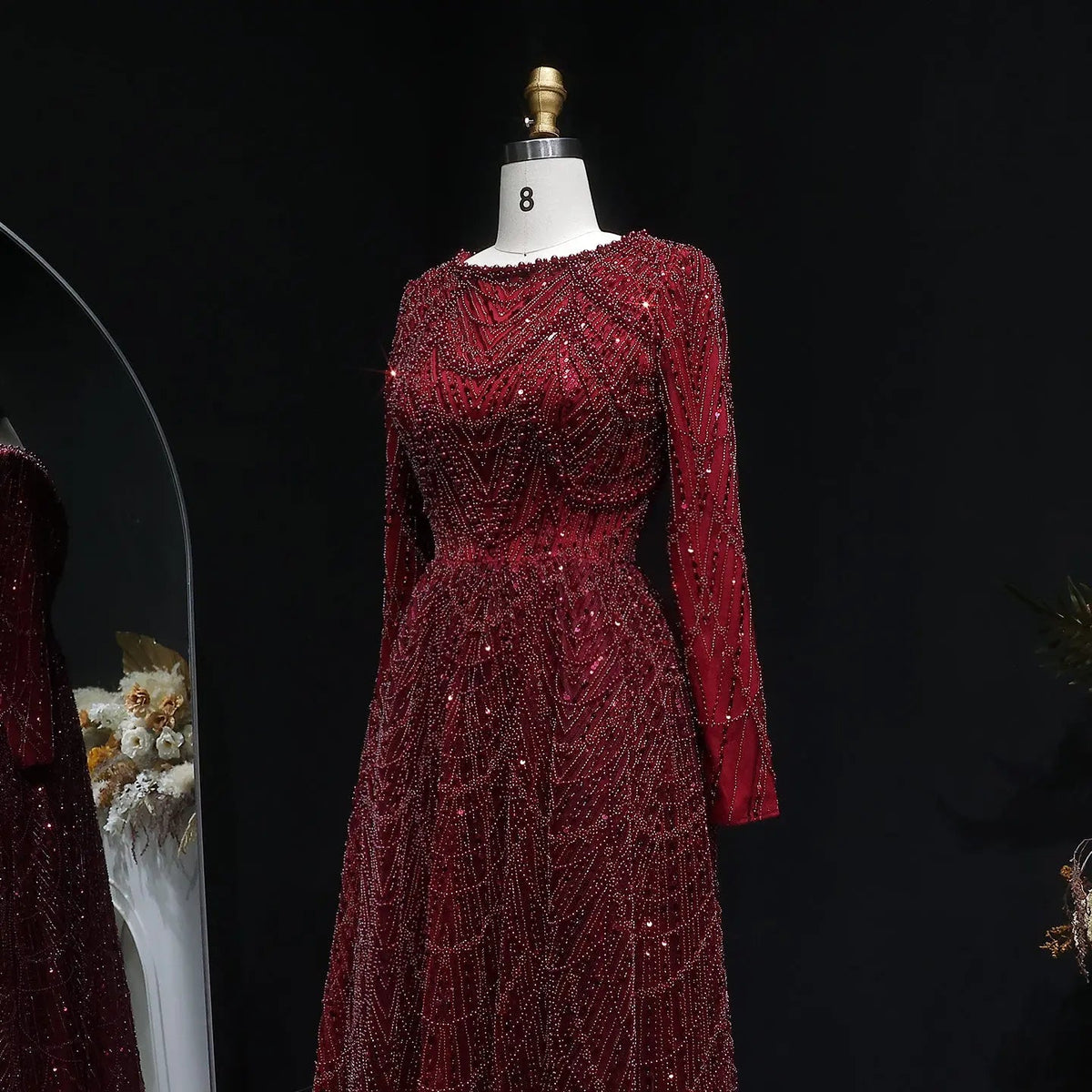 Luxury Green Sequin Beaded Shiny Long Sleeve Evening Dress SS625