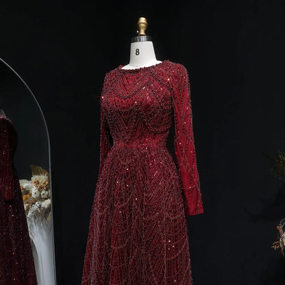 Luxury Green Sequin Beaded Shiny Long Sleeve Evening Dress SS625