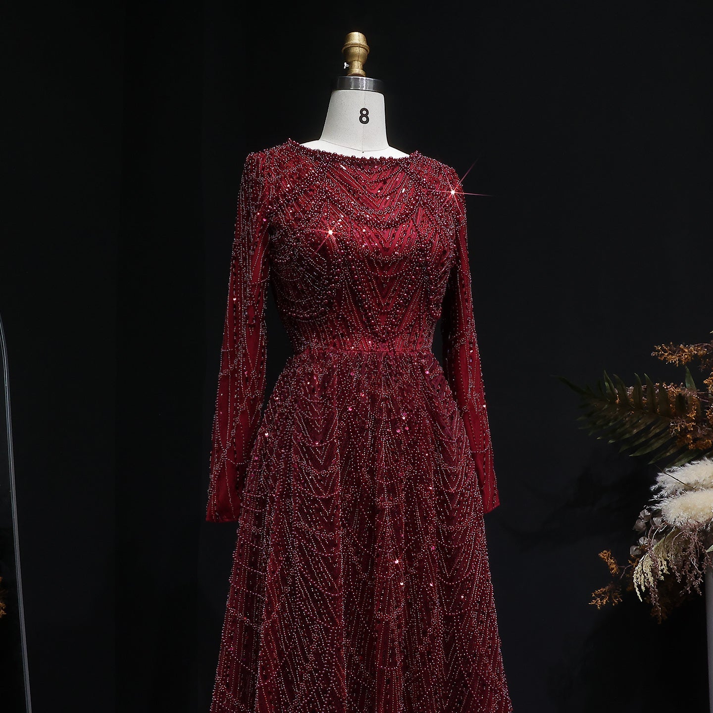 Elegant Green Sequin Beaded Shiny Long Sleeve Evening Dress SS625