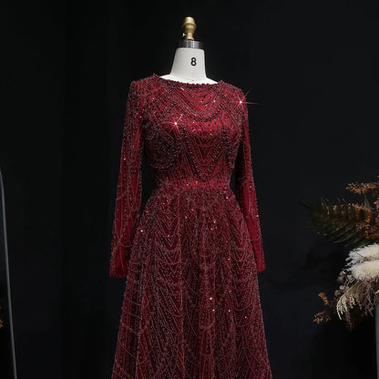 Luxury Green Sequin Beaded Shiny Long Sleeve Evening Dress SS625