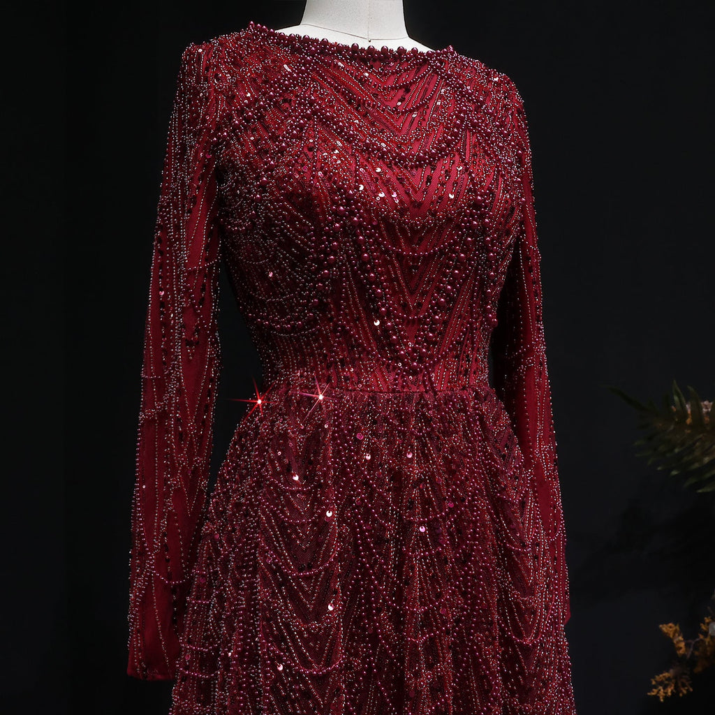 Elegant Green Sequin Beaded Shiny Long Sleeve Evening Dress SS625