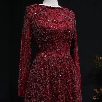 Luxury Green Sequin Beaded Shiny Long Sleeve Evening Dress SS625