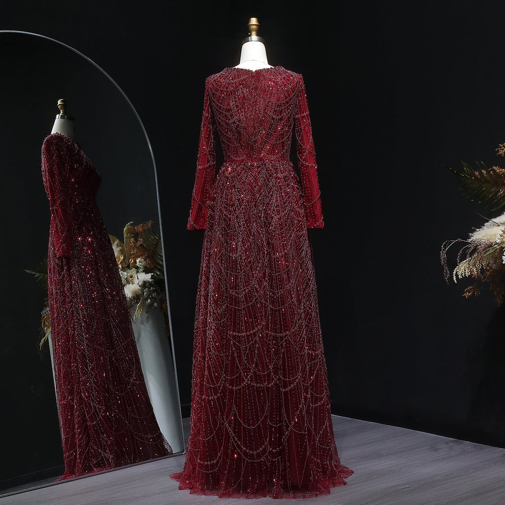 Elegant Green Sequin Beaded Shiny Long Sleeve Evening Dress SS625