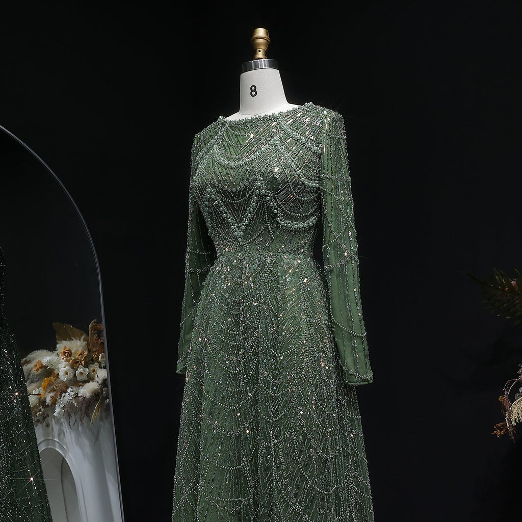 Elegant Green Sequin Beaded Shiny Long Sleeve Evening Dress SS625