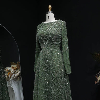 Luxury Green Sequin Beaded Shiny Long Sleeve Evening Dress SS625