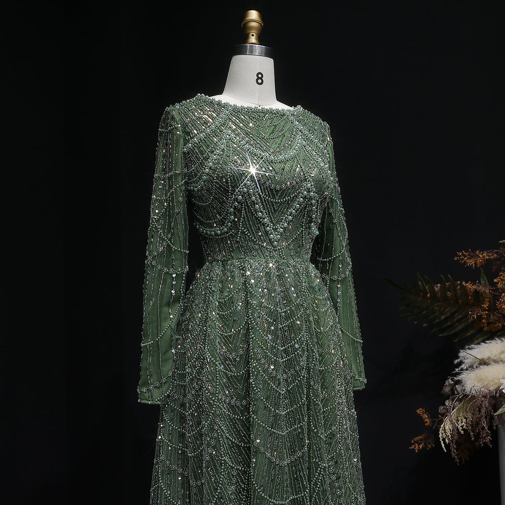 Elegant Green Sequin Beaded Shiny Long Sleeve Evening Dress SS625