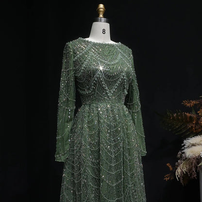 Luxury Green Sequin Beaded Shiny Long Sleeve Evening Dress SS625