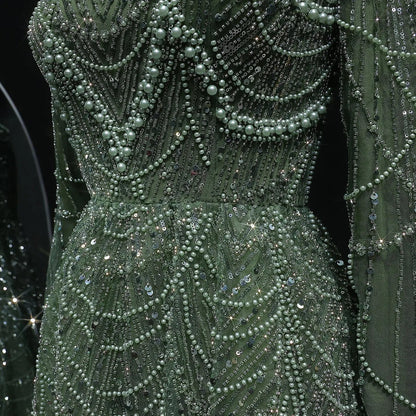 Luxury Green Sequin Beaded Shiny Long Sleeve Evening Dress SS625