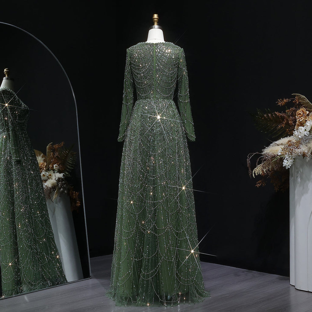 Elegant Green Sequin Beaded Shiny Long Sleeve Evening Dress SS625