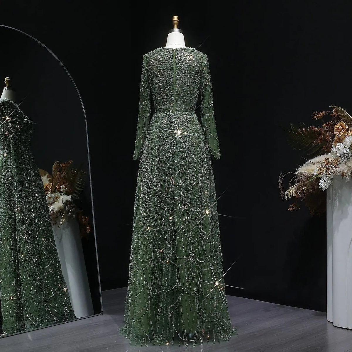 Luxury Green Sequin Beaded Shiny Long Sleeve Evening Dress SS625