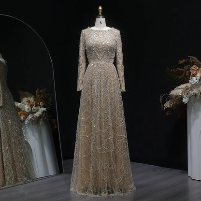 Luxury Green Sequin Beaded Shiny Long Sleeve Evening Dress SS625