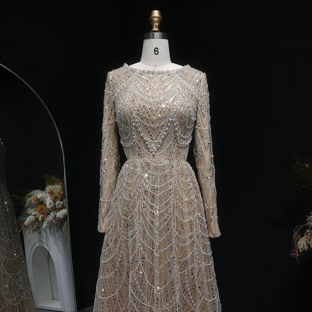 Elegant Green Sequin Beaded Shiny Long Sleeve Evening Dress SS625
