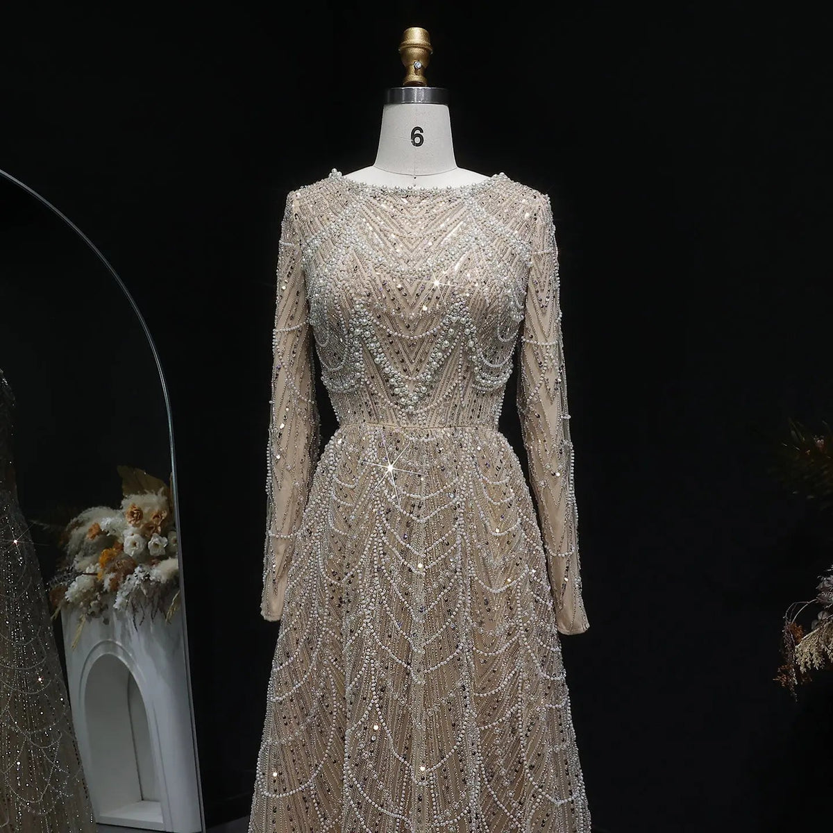 Luxury Green Sequin Beaded Shiny Long Sleeve Evening Dress SS625