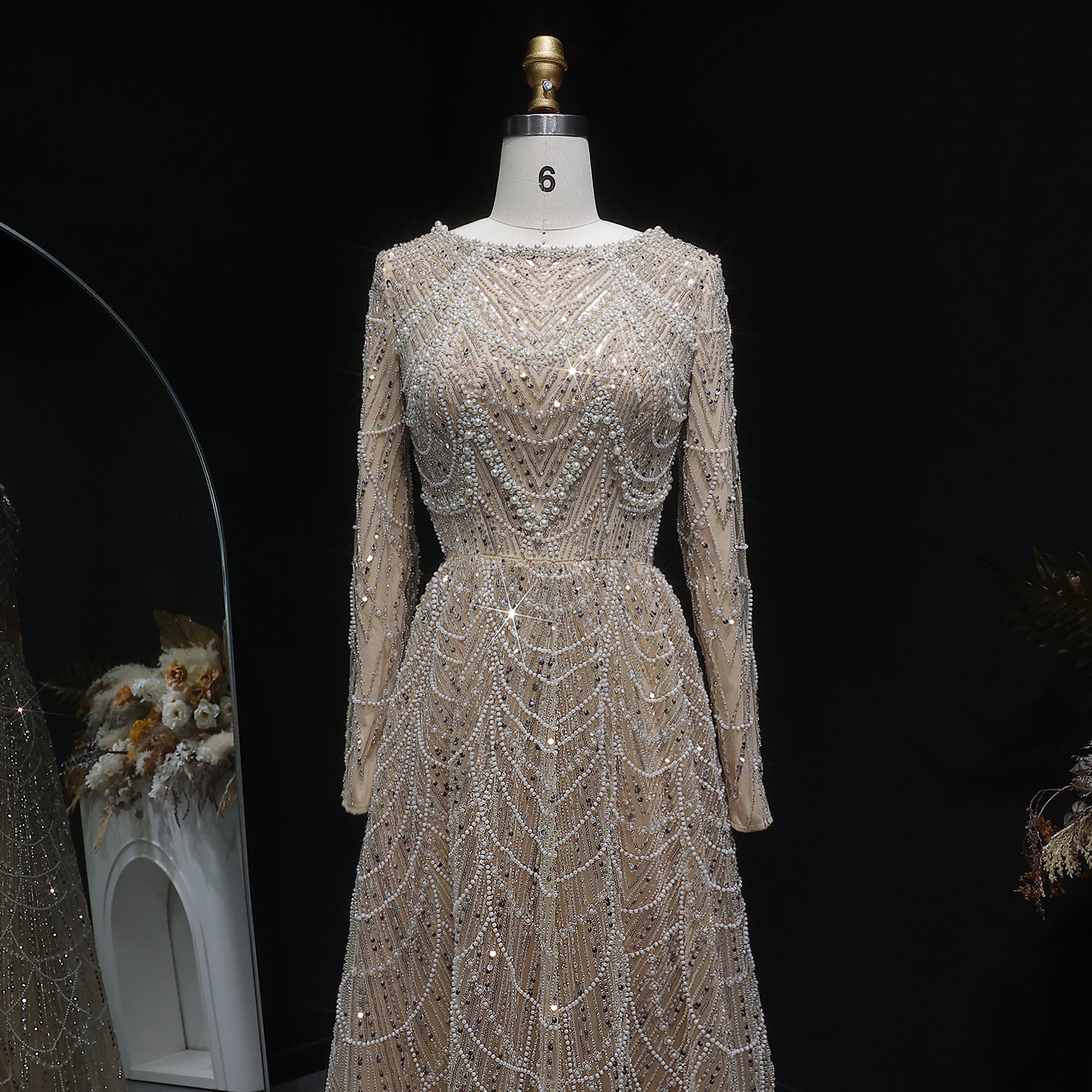 Elegant Green Sequin Beaded Shiny Long Sleeve Evening Dress SS625