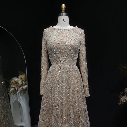 Luxury Green Sequin Beaded Shiny Long Sleeve Evening Dress SS625