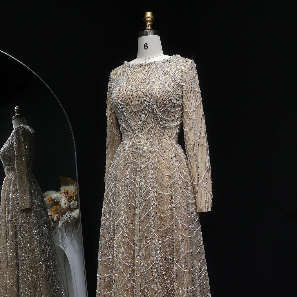 Elegant Green Sequin Beaded Shiny Long Sleeve Evening Dress SS625