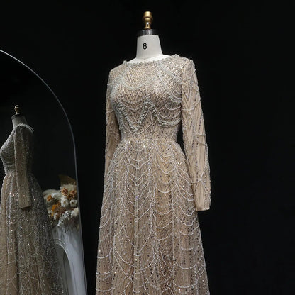 Luxury Green Sequin Beaded Shiny Long Sleeve Evening Dress SS625