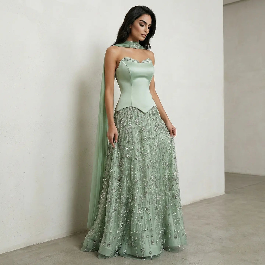 Luxury Vibrant Strapless Green Beaded Evening Dress with Scarf SS627