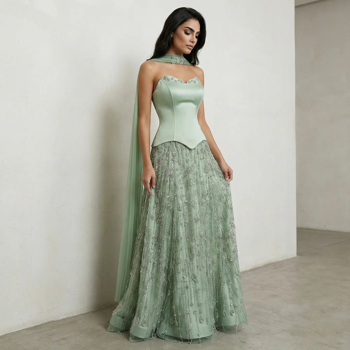 Luxury Vibrant Strapless Green Beaded Evening Dress with Scarf SS627