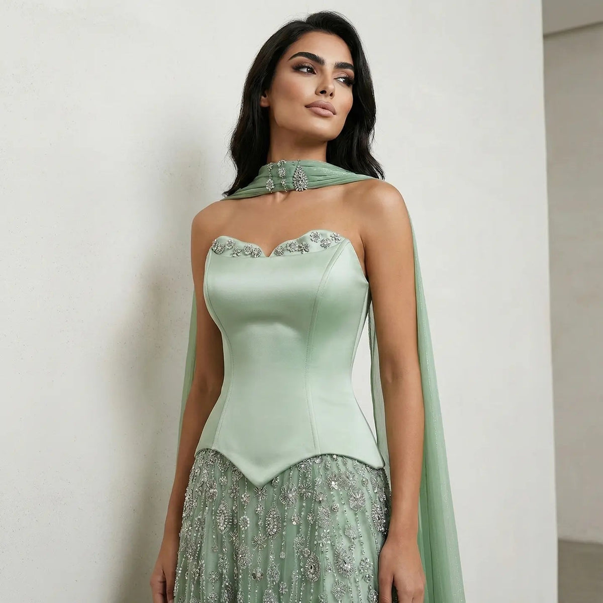 Luxury Vibrant Strapless Green Beaded Evening Dress with Scarf SS627