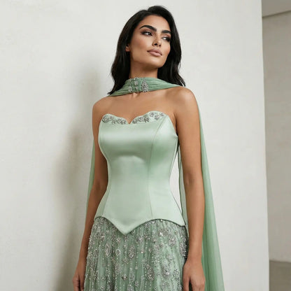 Luxury Vibrant Strapless Green Beaded Evening Dress with Scarf SS627