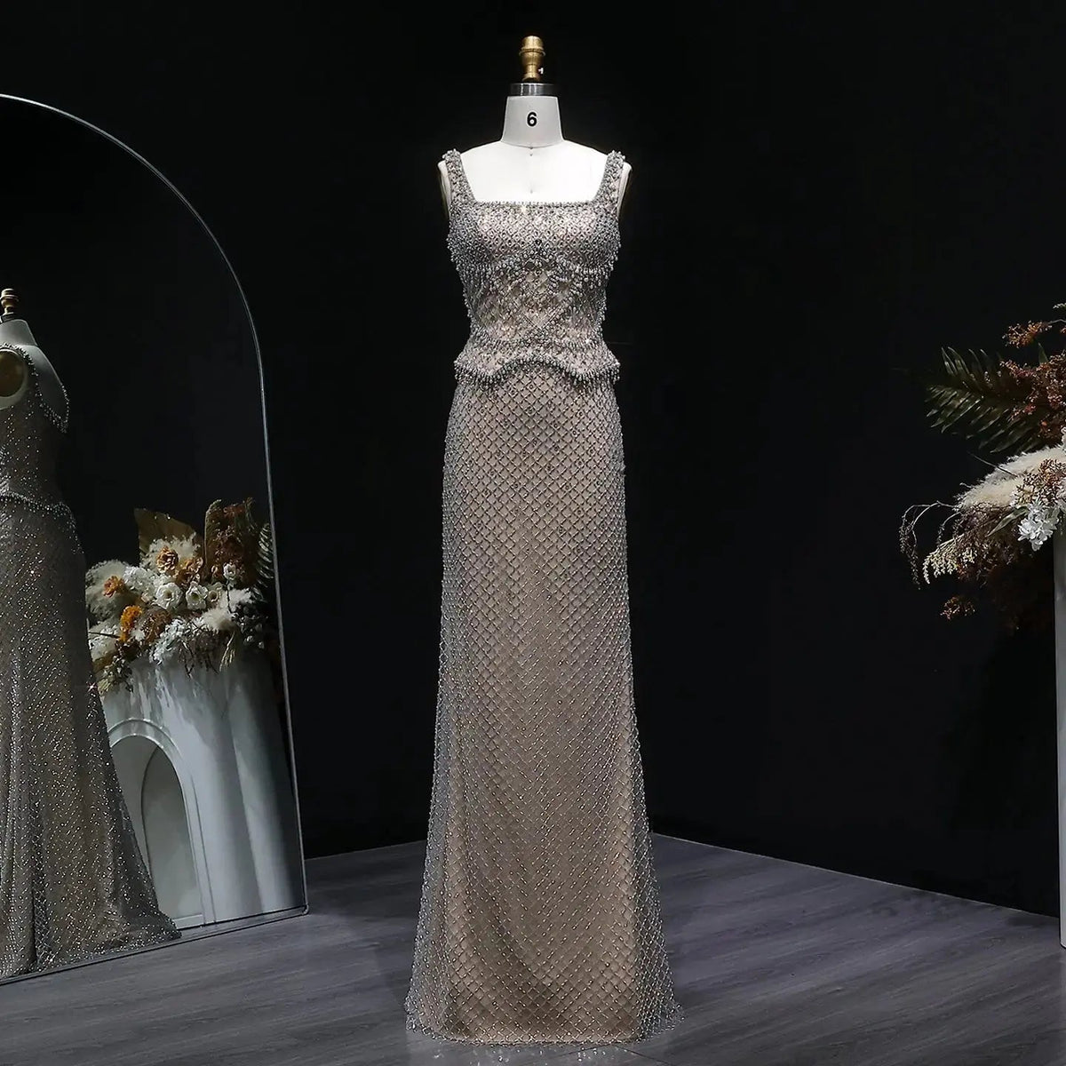 Luxury Gray Beaded Crystal Long Straight Evening Dress SS631