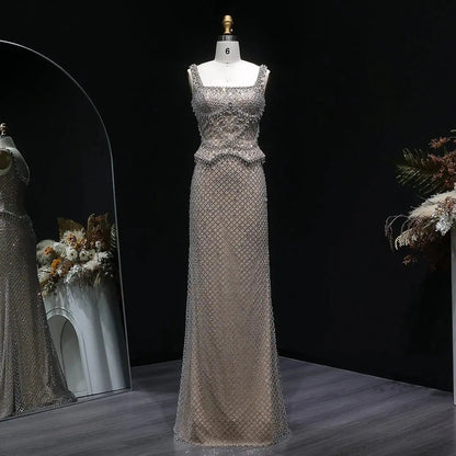 Luxury Gray Beaded Crystal Long Straight Evening Dress SS631