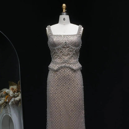 Luxury Gray Beaded Crystal Long Straight Evening Dress SS631